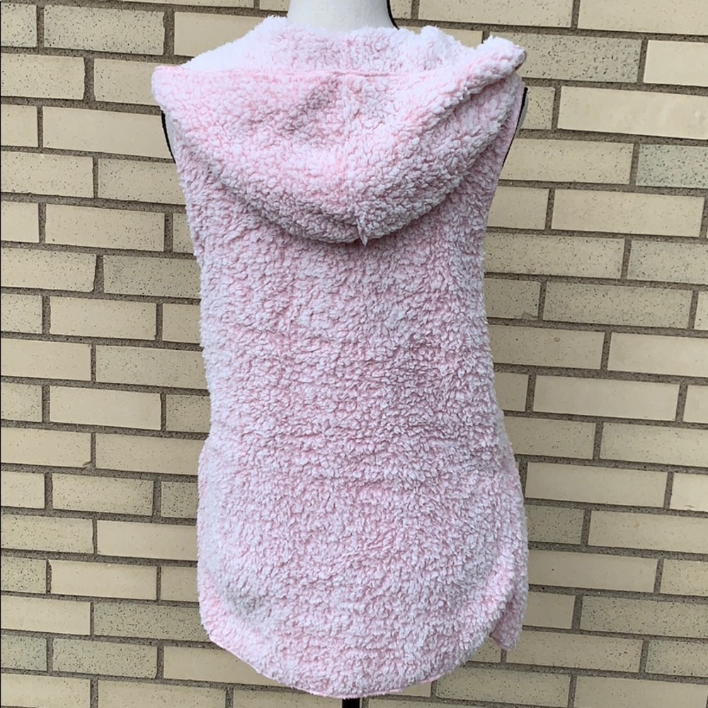 PINK SHERPA SLEEVELESS OPEN STYLE VEST HOODIE - Picture 6 of 8